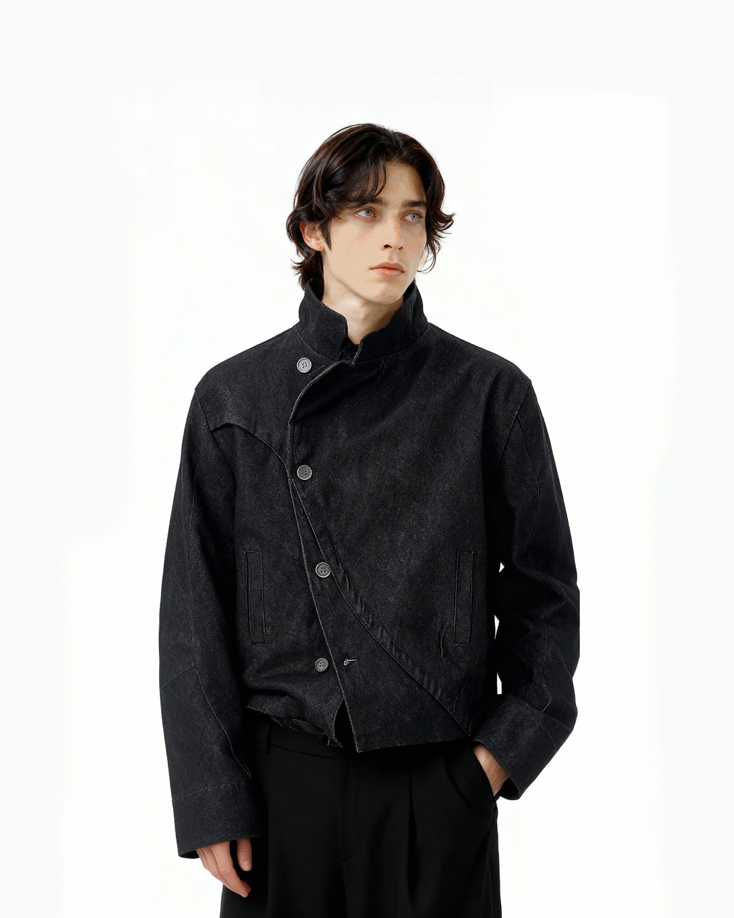 Asymmetric-Button Fencing Denim Jacket