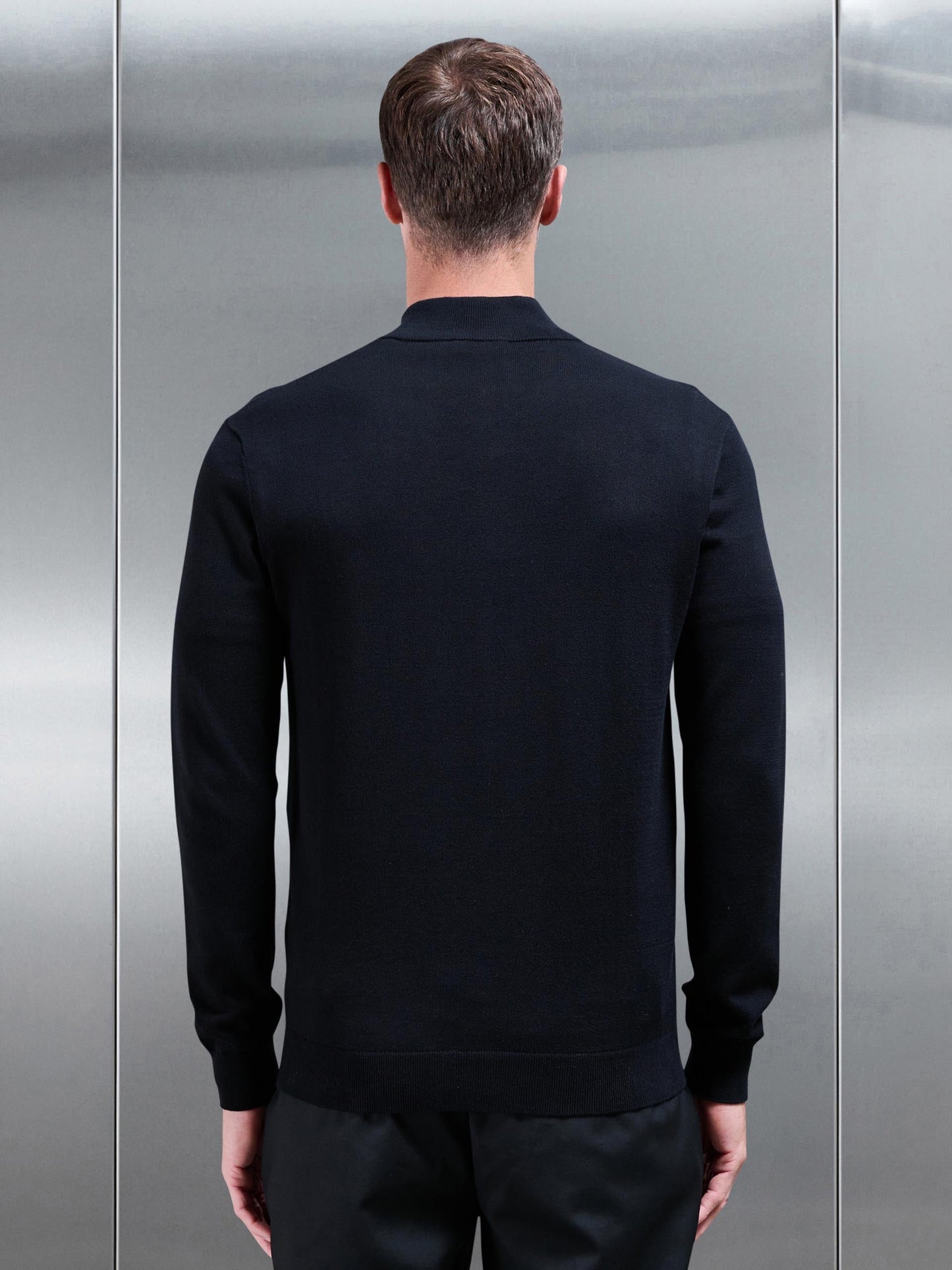Black Cotton Knitted Half Zip Funnel Neck Jumper