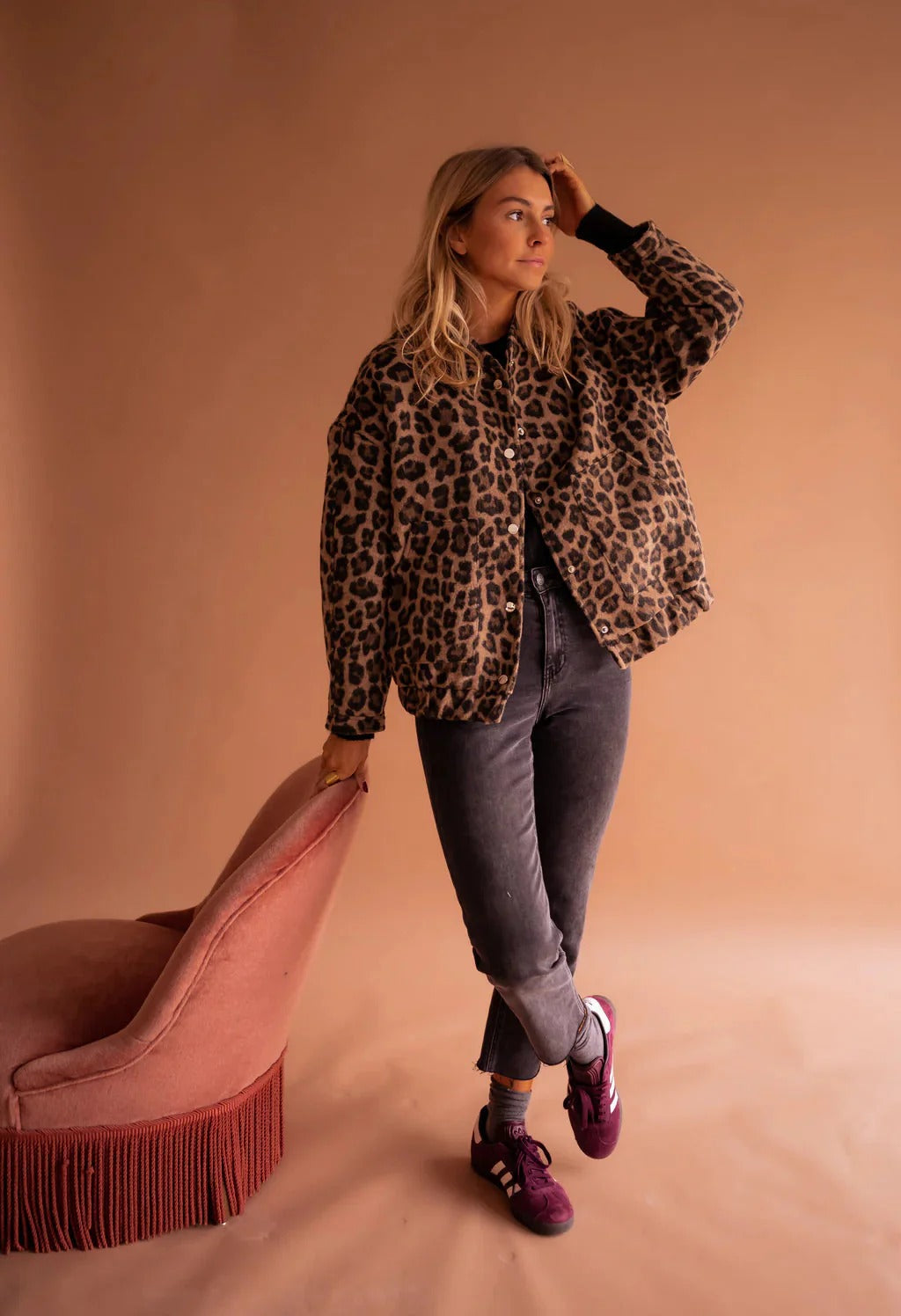 Snap Button Closure Leopard Print Bomber Jacket