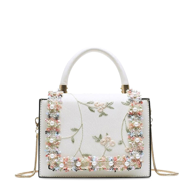 Floral Embroidered Tote Handbag for Women - Top Handle Shoulder Bag