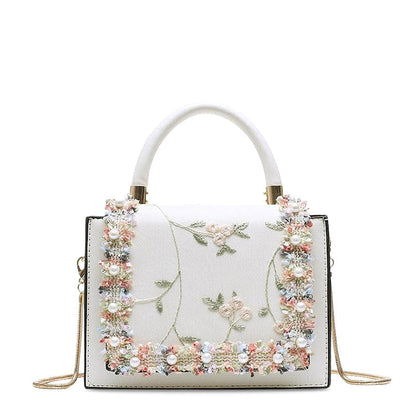 Floral Embroidered Tote Handbag for Women - Top Handle Shoulder Bag