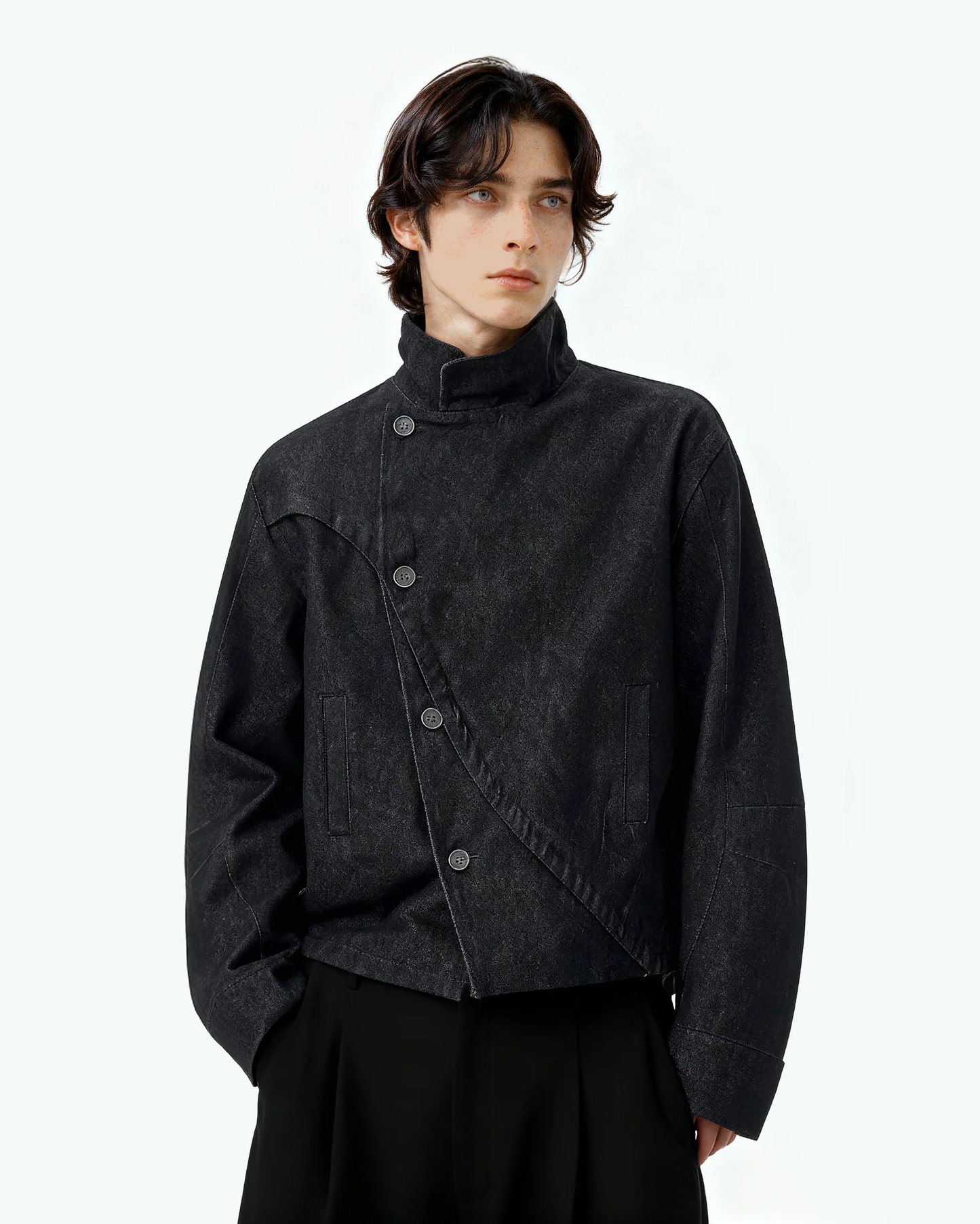 Asymmetric-Button Fencing Denim Jacket
