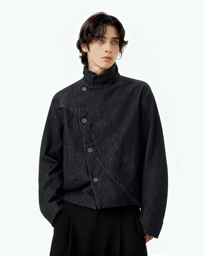 Asymmetric-Button Fencing Denim Jacket