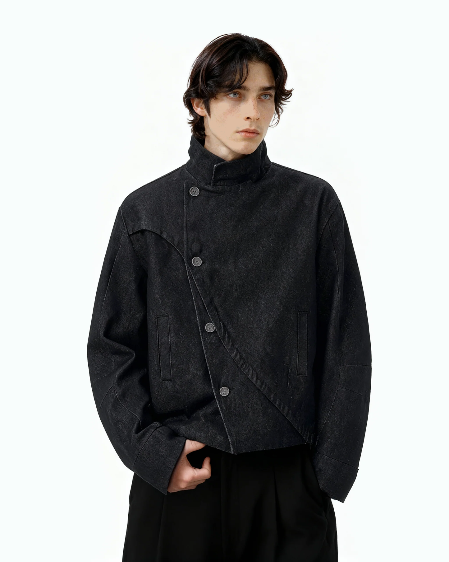 Asymmetric-Button Fencing Denim Jacket
