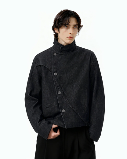 Asymmetric-Button Fencing Denim Jacket