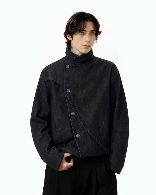 Asymmetric-Button Fencing Denim Jacket