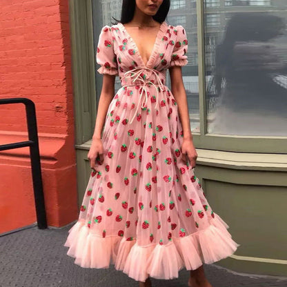 Printed Mesh Ruffle Maxi Dress