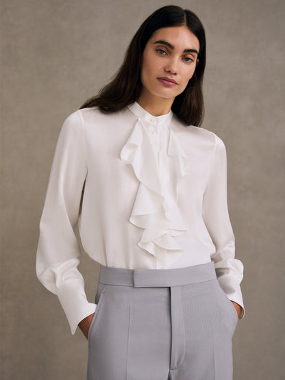 Sandwashed Silk Satin Cascade Ruffle Blouse