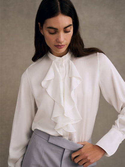 Sandwashed Silk Satin Cascade Ruffle Blouse