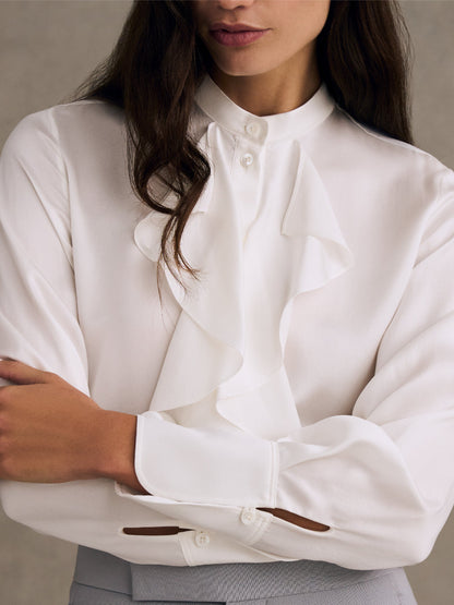 Sandwashed Silk Satin Cascade Ruffle Blouse