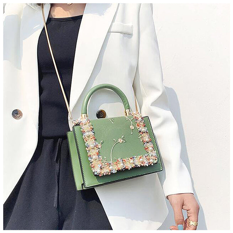 Floral Embroidered Tote Handbag for Women - Top Handle Shoulder Bag