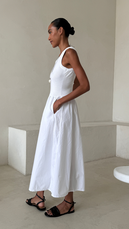 Flowy Skirt White Midi Dress
