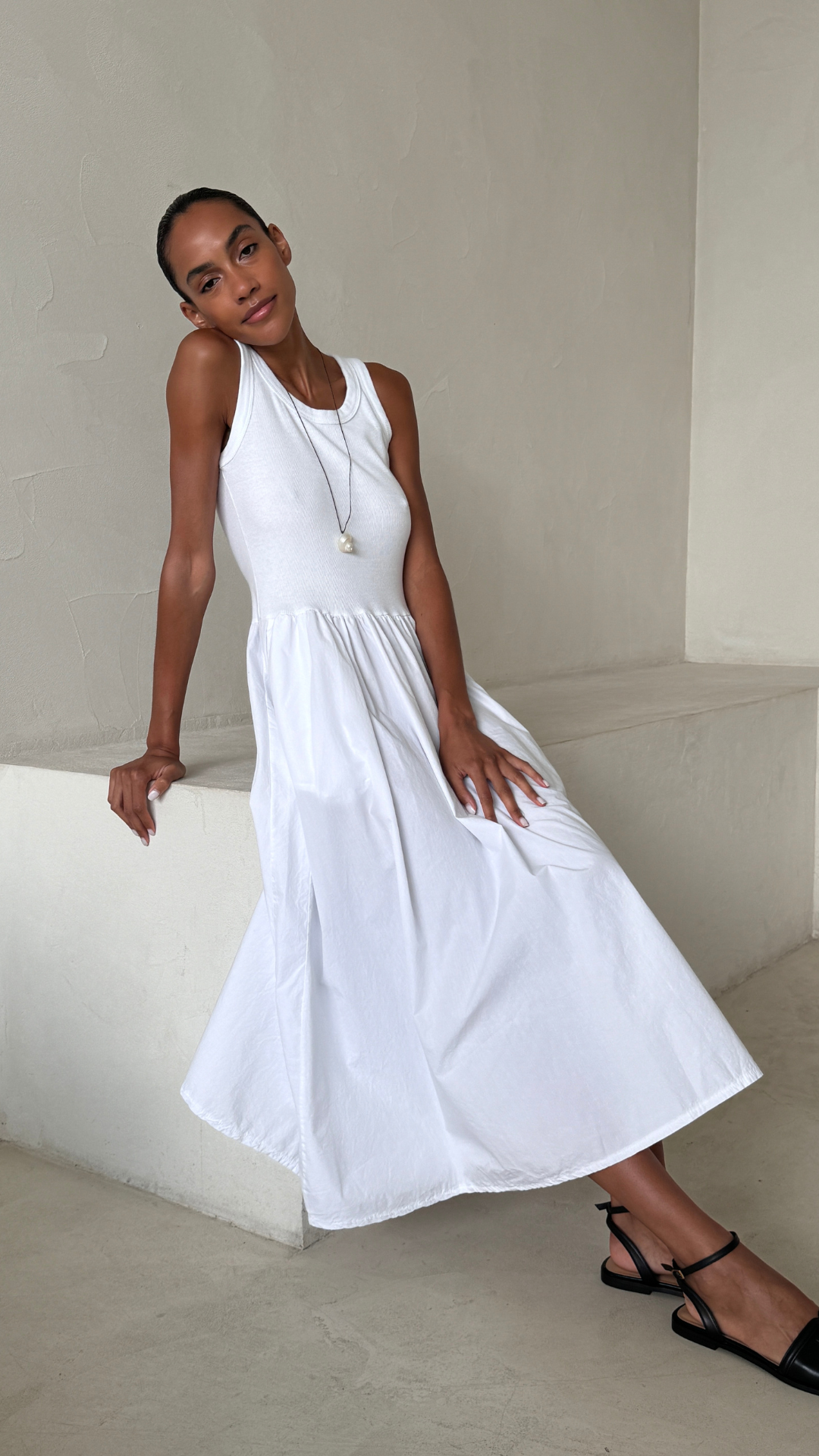 Flowy Skirt White Midi Dress