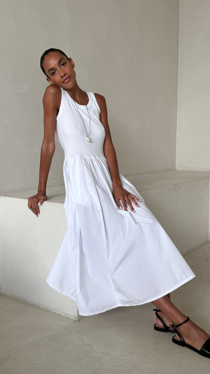 Flowy Skirt White Midi Dress
