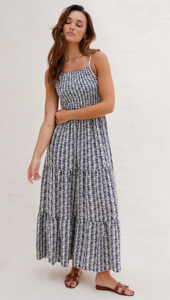 Navy Floral Print Midi Dress