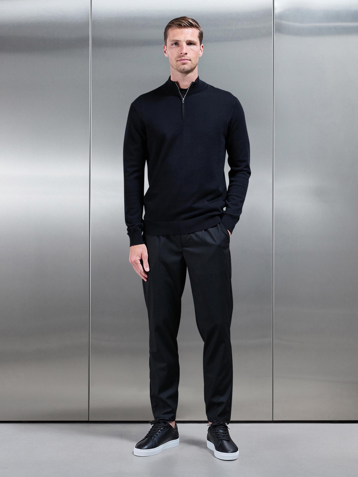 Black Cotton Knitted Half Zip Funnel Neck Jumper