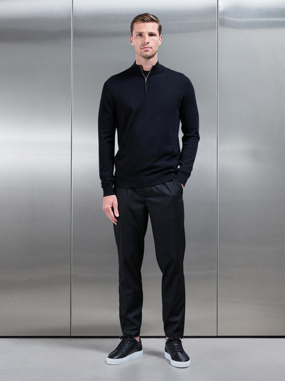 Black Cotton Knitted Half Zip Funnel Neck Jumper