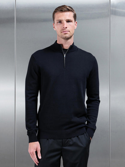 Black Cotton Knitted Half Zip Funnel Neck Jumper