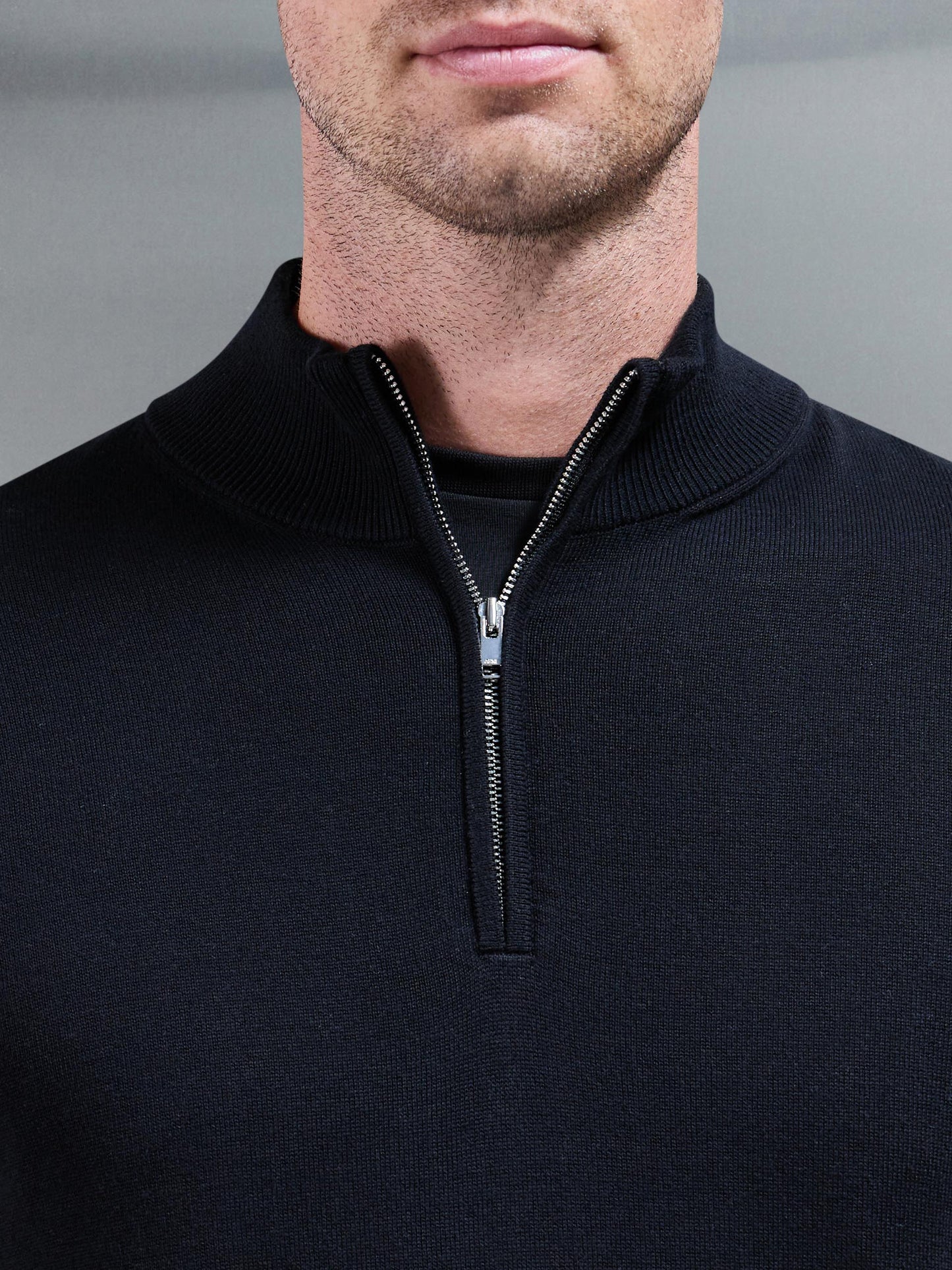 Black Cotton Knitted Half Zip Funnel Neck Jumper