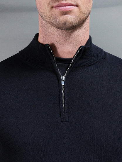 Black Cotton Knitted Half Zip Funnel Neck Jumper