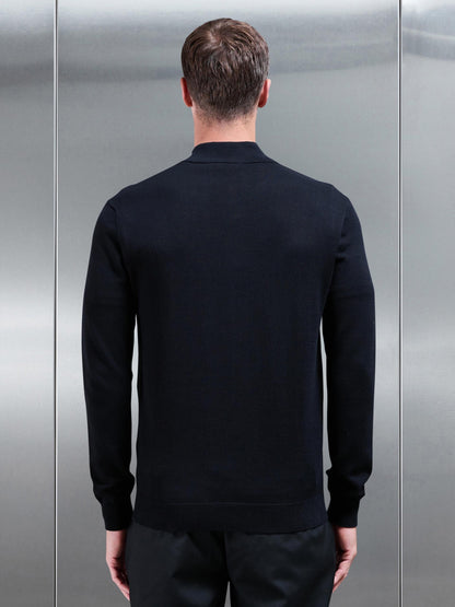 Black Cotton Knitted Half Zip Funnel Neck Jumper