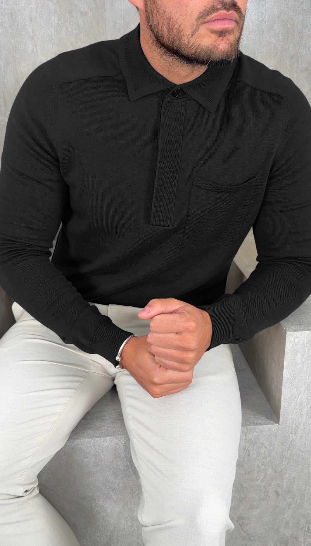 Concealed Button Long Sleeve Polo Shirt