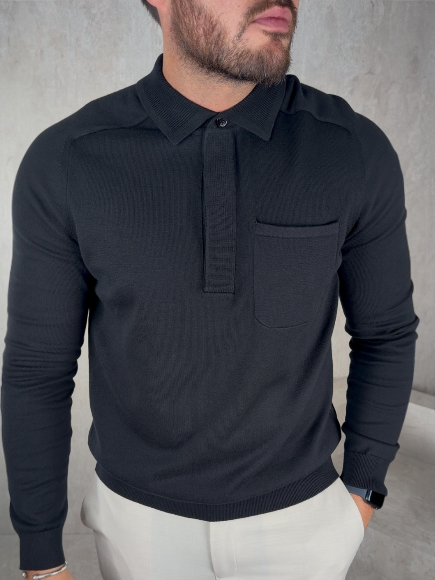 Concealed Button Long Sleeve Polo Shirt