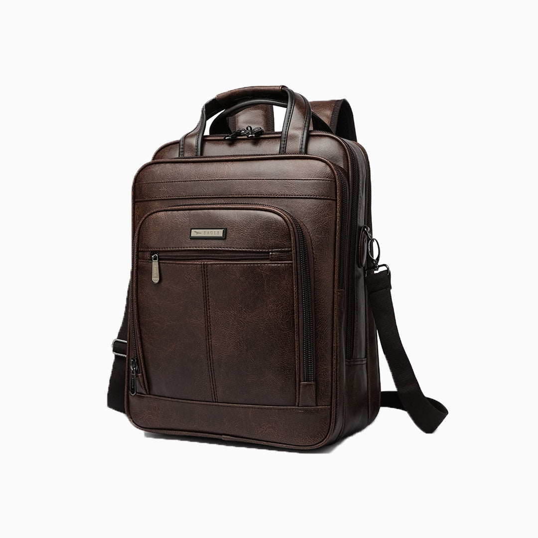Men's Versatile PU Laptop Backpack - Coffee Brown Color