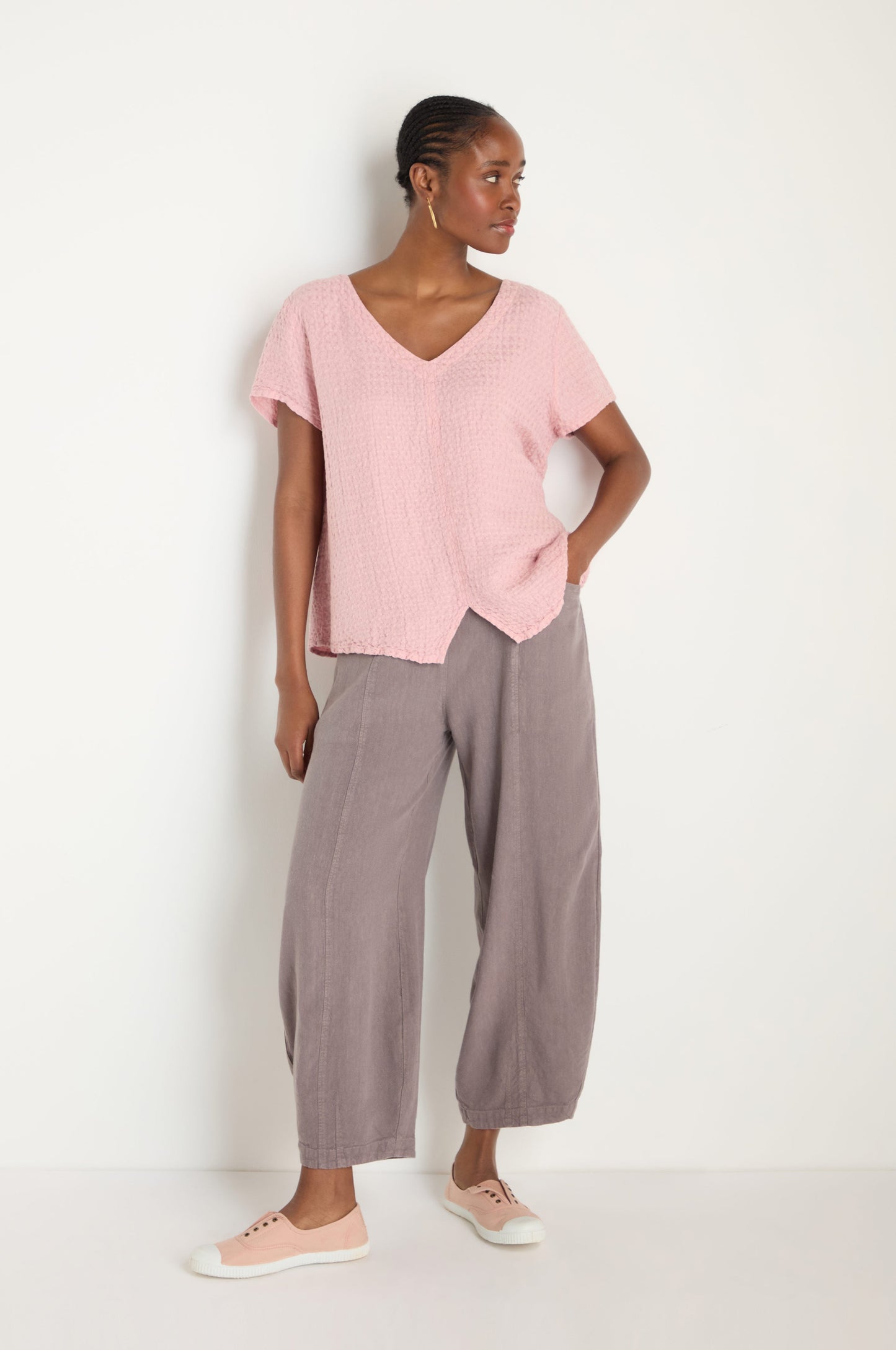 Waffle Linen V Neck Top