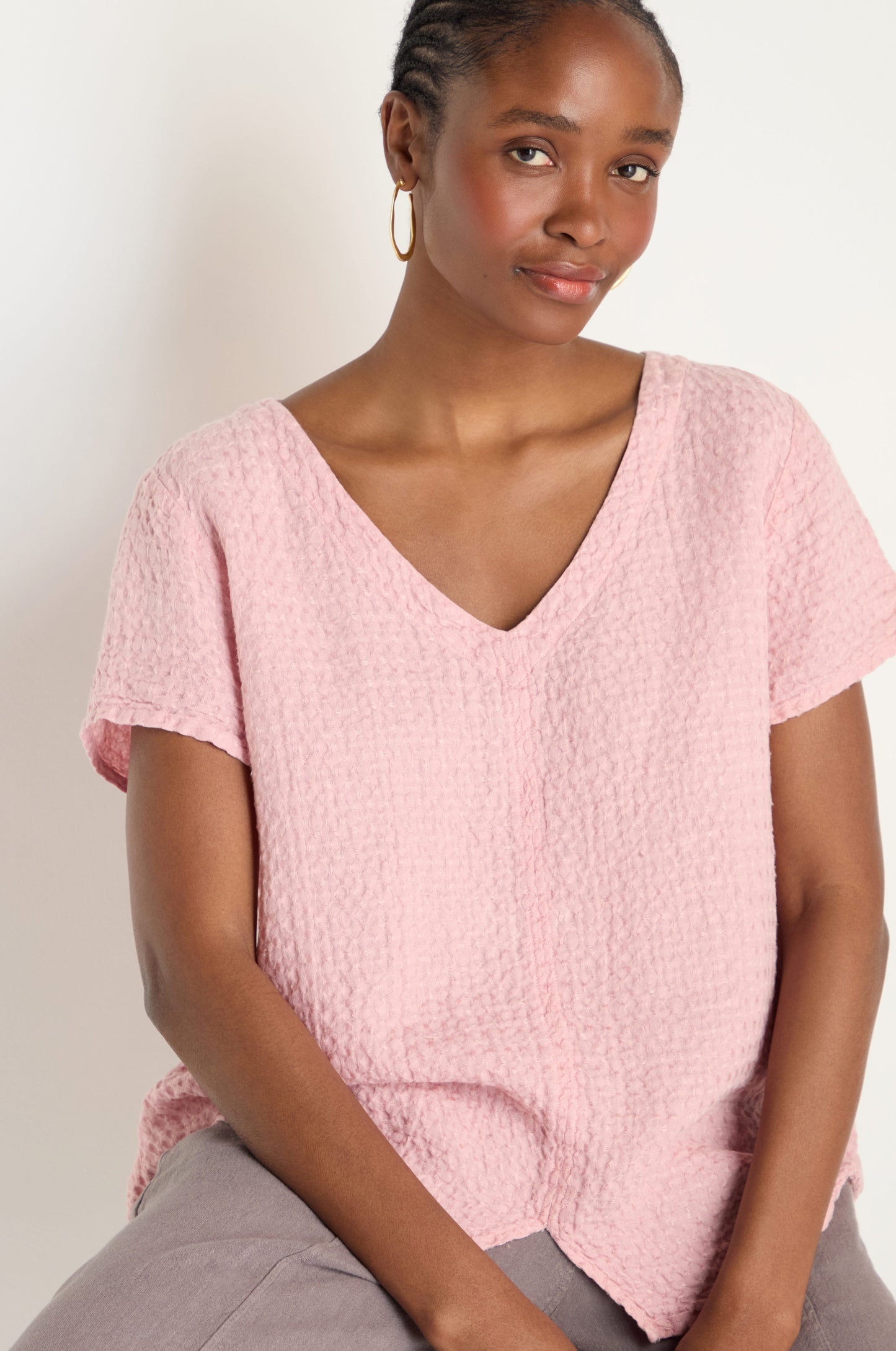 Waffle Linen V Neck Top