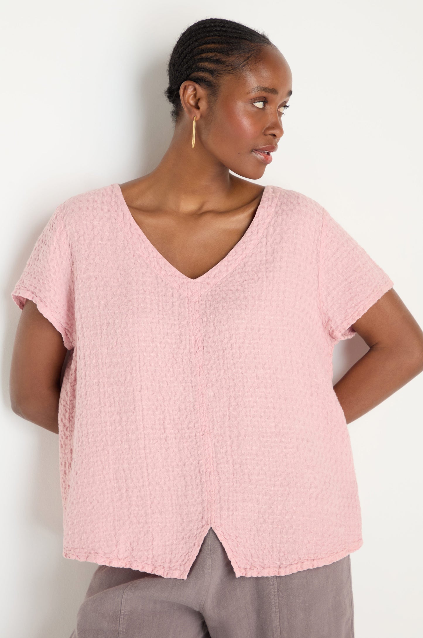 Waffle Linen V Neck Top