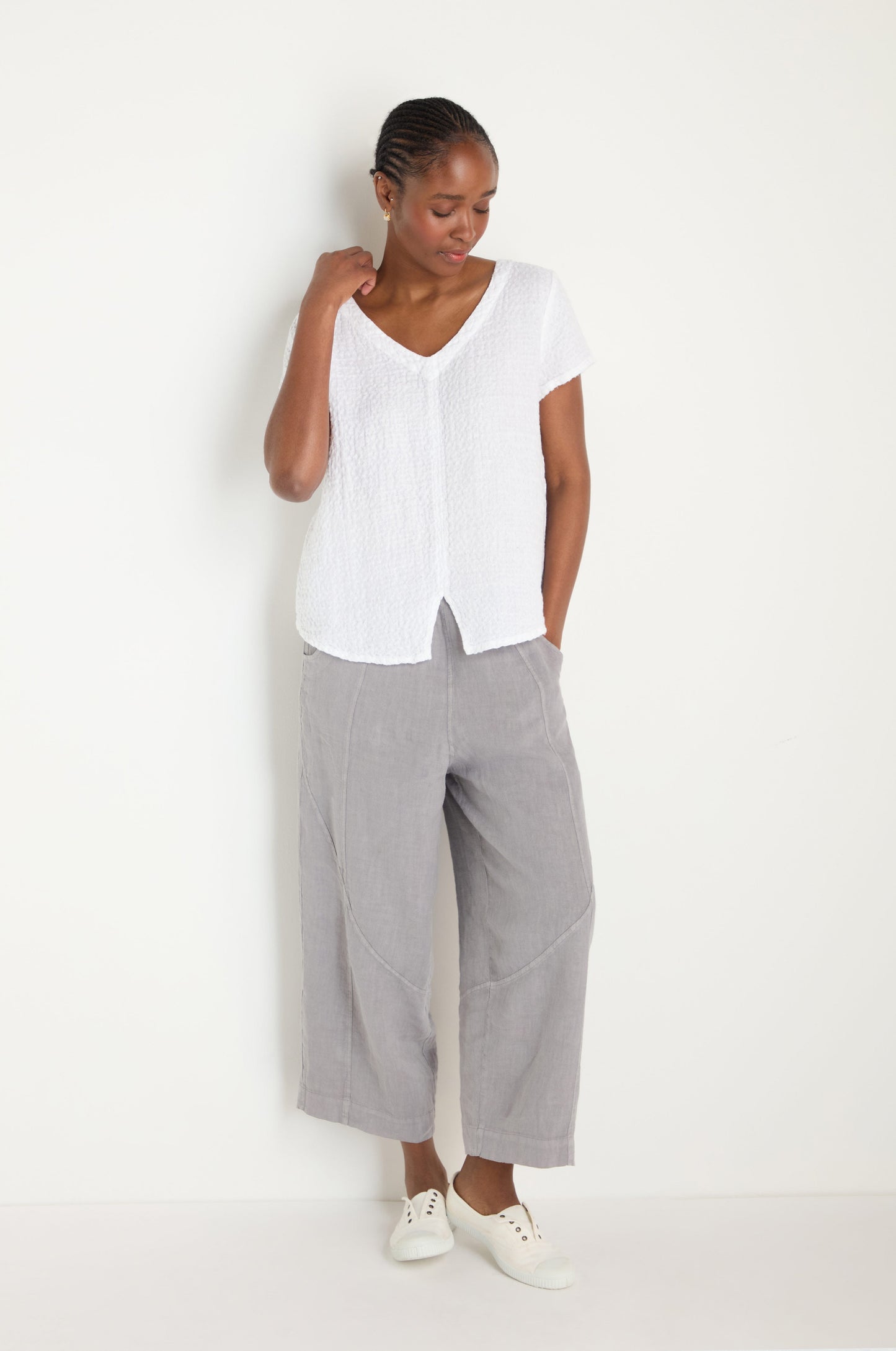 Waffle Linen V Neck Top