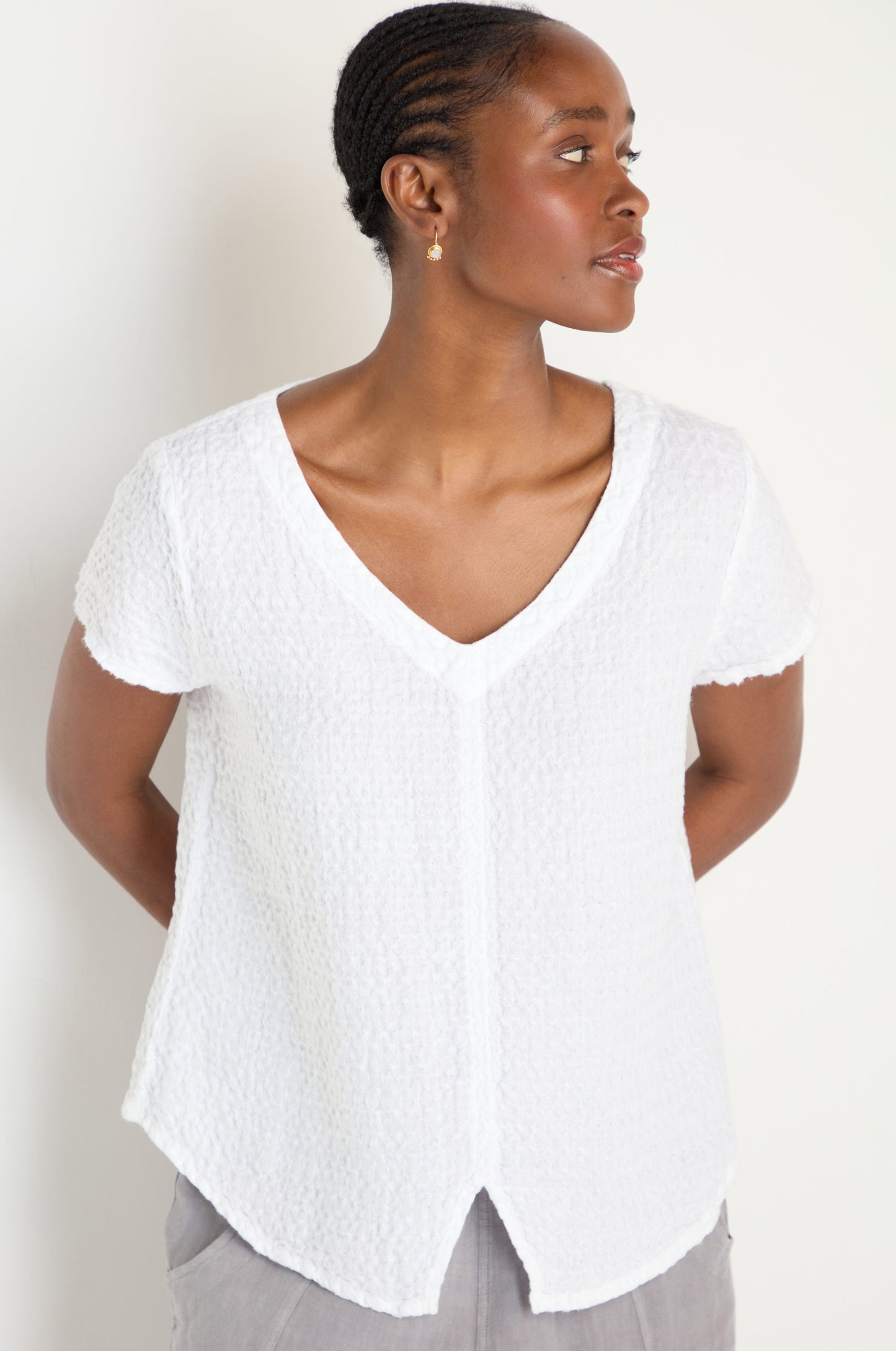 Waffle Linen V Neck Top