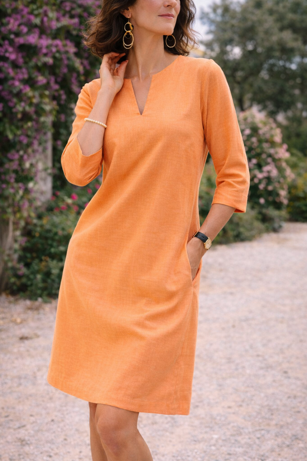 V-Notch Tailored Linen Blend Dress