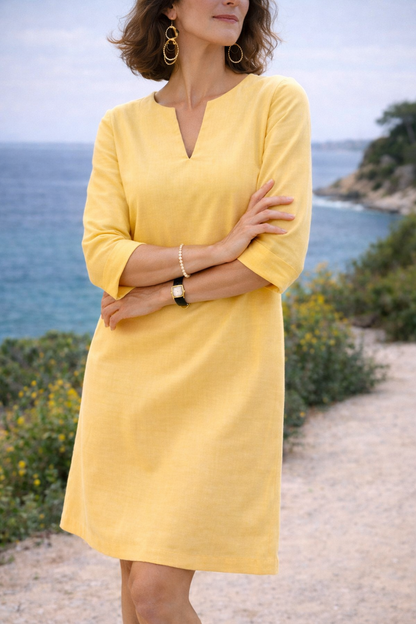 V-Notch Tailored Linen Blend Dress