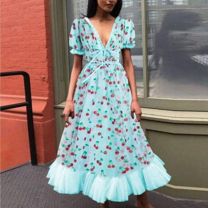 Printed Mesh Ruffle Maxi Dress
