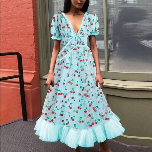 Printed Mesh Ruffle Maxi Dress