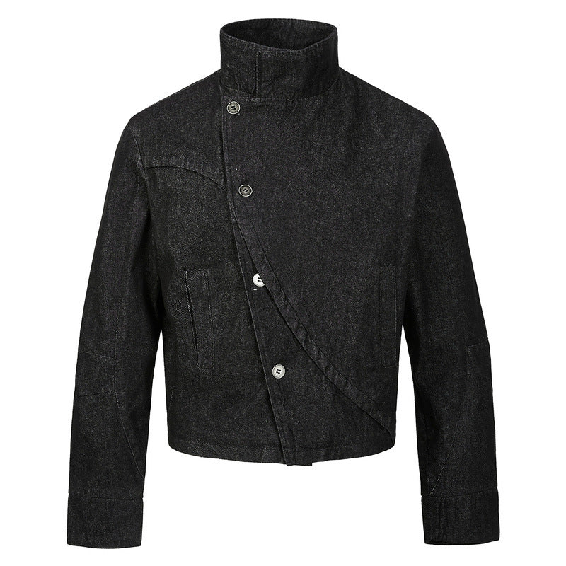 Asymmetric-Button Fencing Denim Jacket