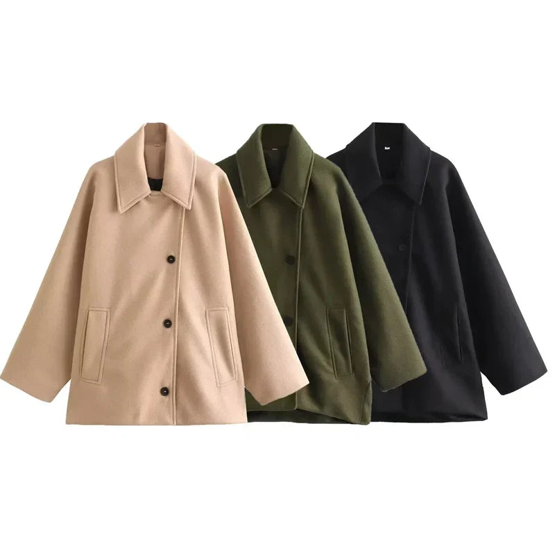 Plus Size Women's Oversized Winter Coat with Long Sleeves and Button Closure