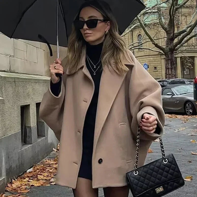 Plus Size Women's Oversized Winter Coat with Long Sleeves and Button Closure