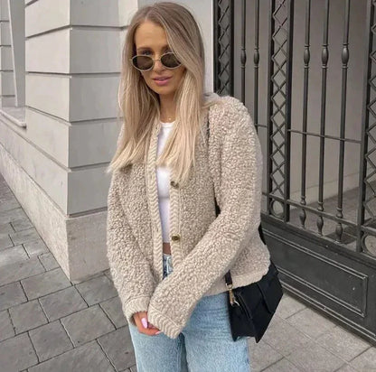 Soft Texture Women's Casual Teddy Fleece Jacket with Button Front Closure