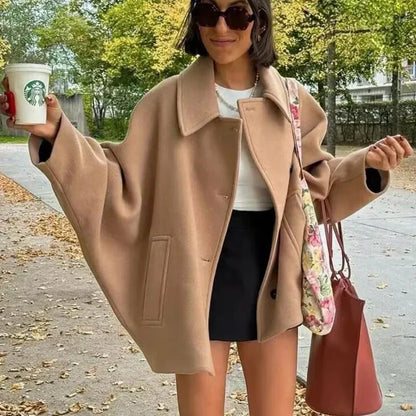 Plus Size Women's Oversized Winter Coat with Long Sleeves and Button Closure