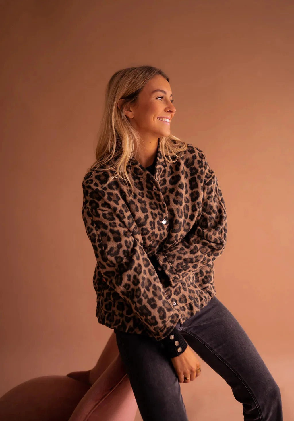 Snap Button Closure Leopard Print Bomber Jacket
