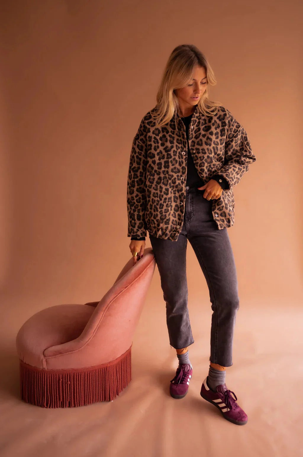 Snap Button Closure Leopard Print Bomber Jacket