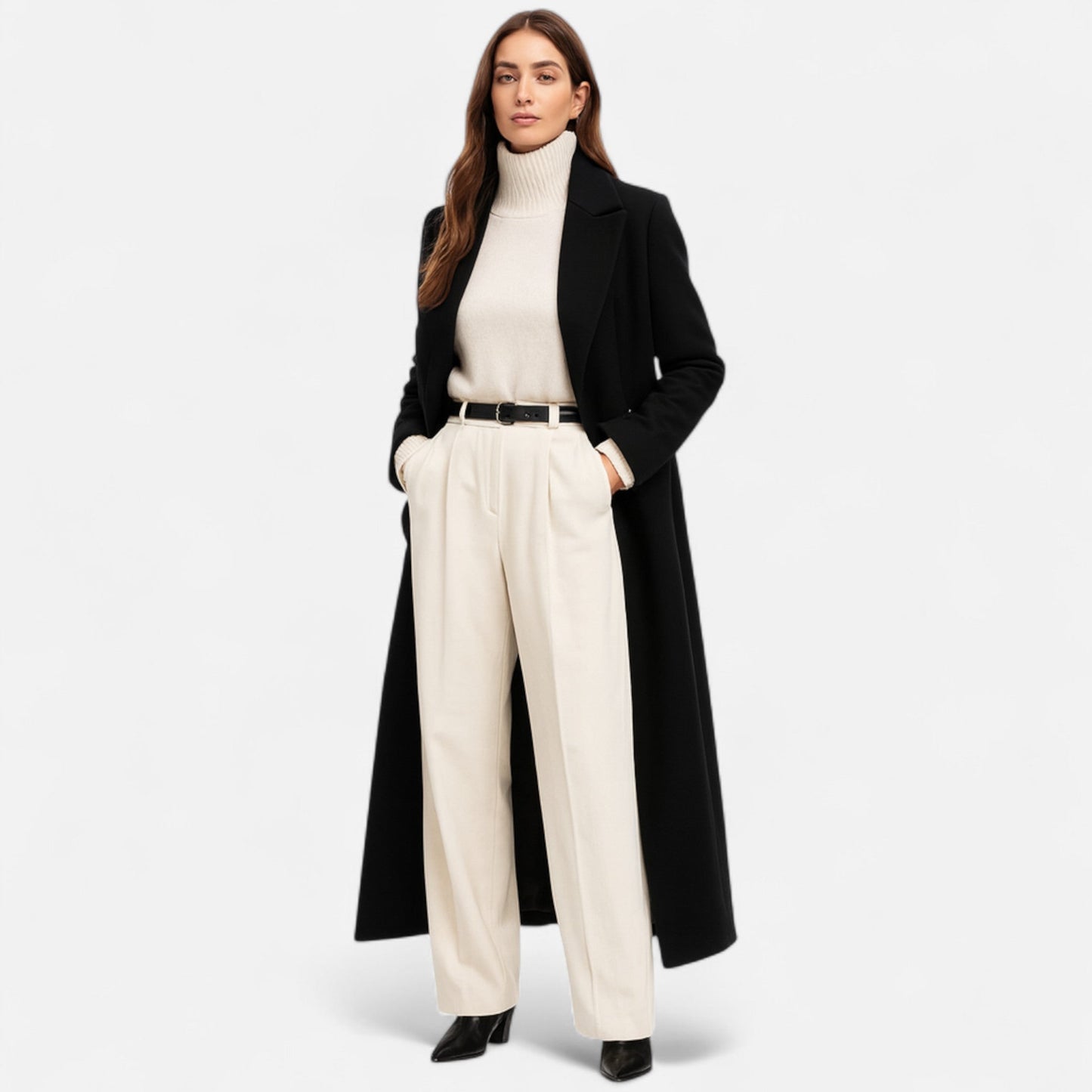 Elegant Women's Black Maxi Coat with Notch Lapel and Button Closure