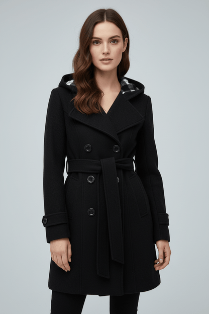 Chic Women's Double-Breasted Hooded Winter Coat with Adjustable Belted Waist for Trendy Cold Weather Fashion