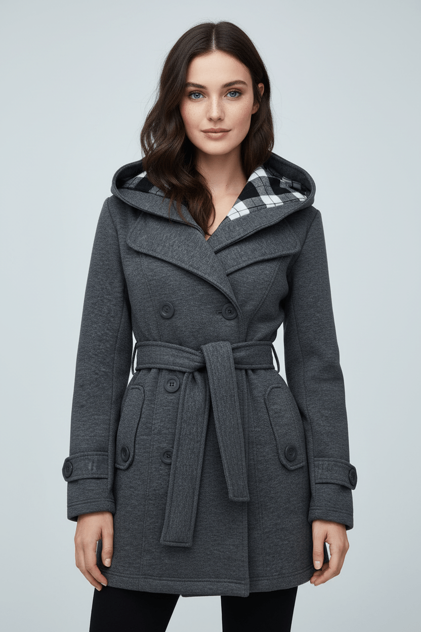 Chic Women's Double-Breasted Hooded Winter Coat with Adjustable Belted Waist for Trendy Cold Weather Fashion