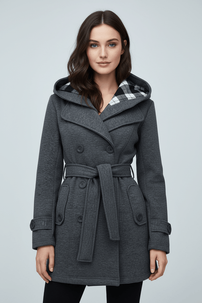 Chic Women's Double-Breasted Hooded Winter Coat with Adjustable Belted Waist for Trendy Cold Weather Fashion