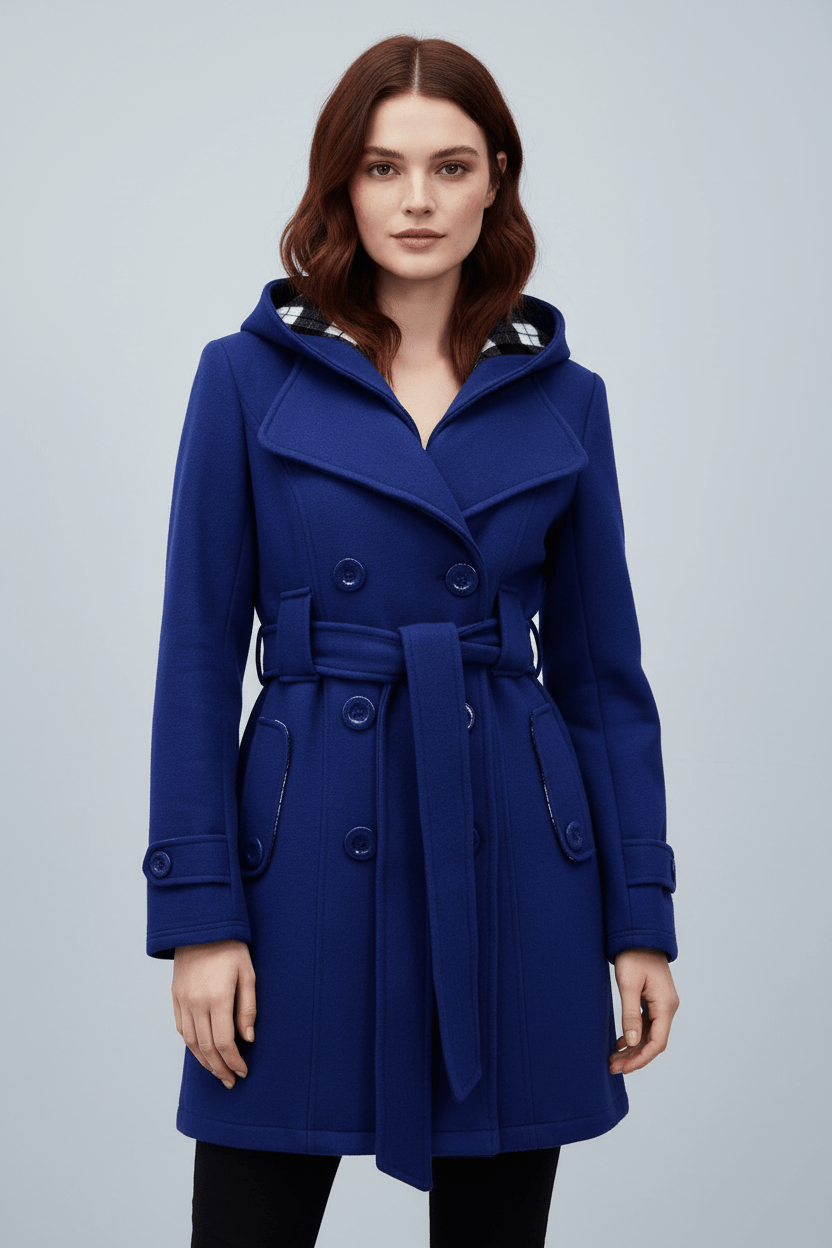Chic Women's Double-Breasted Hooded Winter Coat with Adjustable Belted Waist for Trendy Cold Weather Fashion