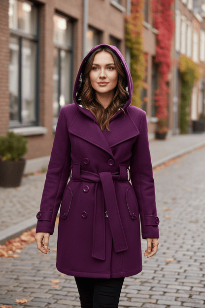 Chic Women's Double-Breasted Hooded Winter Coat with Adjustable Belted Waist for Trendy Cold Weather Fashion